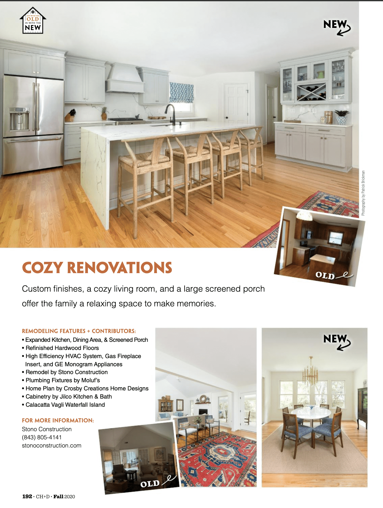 Article screenshot from Charleston Home and Design Magazine titled "Cozy Renovations" and featuring one of Stono Construction's renovation projects. 