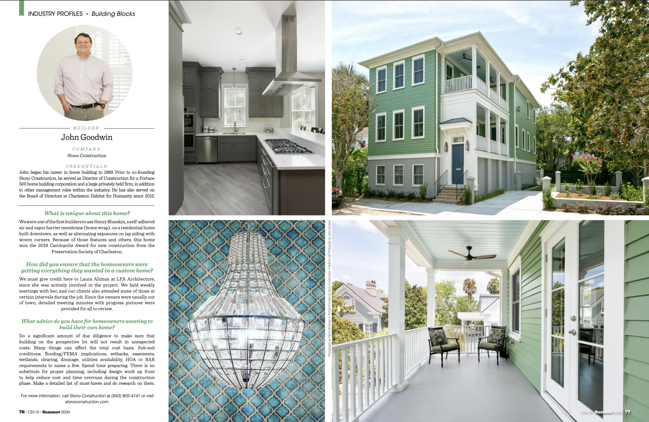 Charleston Home and Design article clipping featuring Stono Construction Principal, John Goodwin. 
