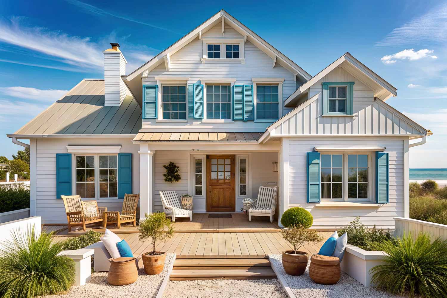 Exterior shot of a Kiawah Island custom home from street level. Home is 4 stories and lit at dusk with landscaping and landscape lighting. Built by Charleston's 5-Star Home Builder Reviews, Stono Construction.