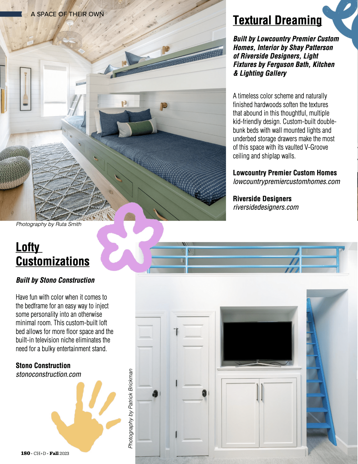 Stono Construction feature in Charleston Home and Design Magazine's Fall 2023 issue- Kid's spaces bunkbeds.