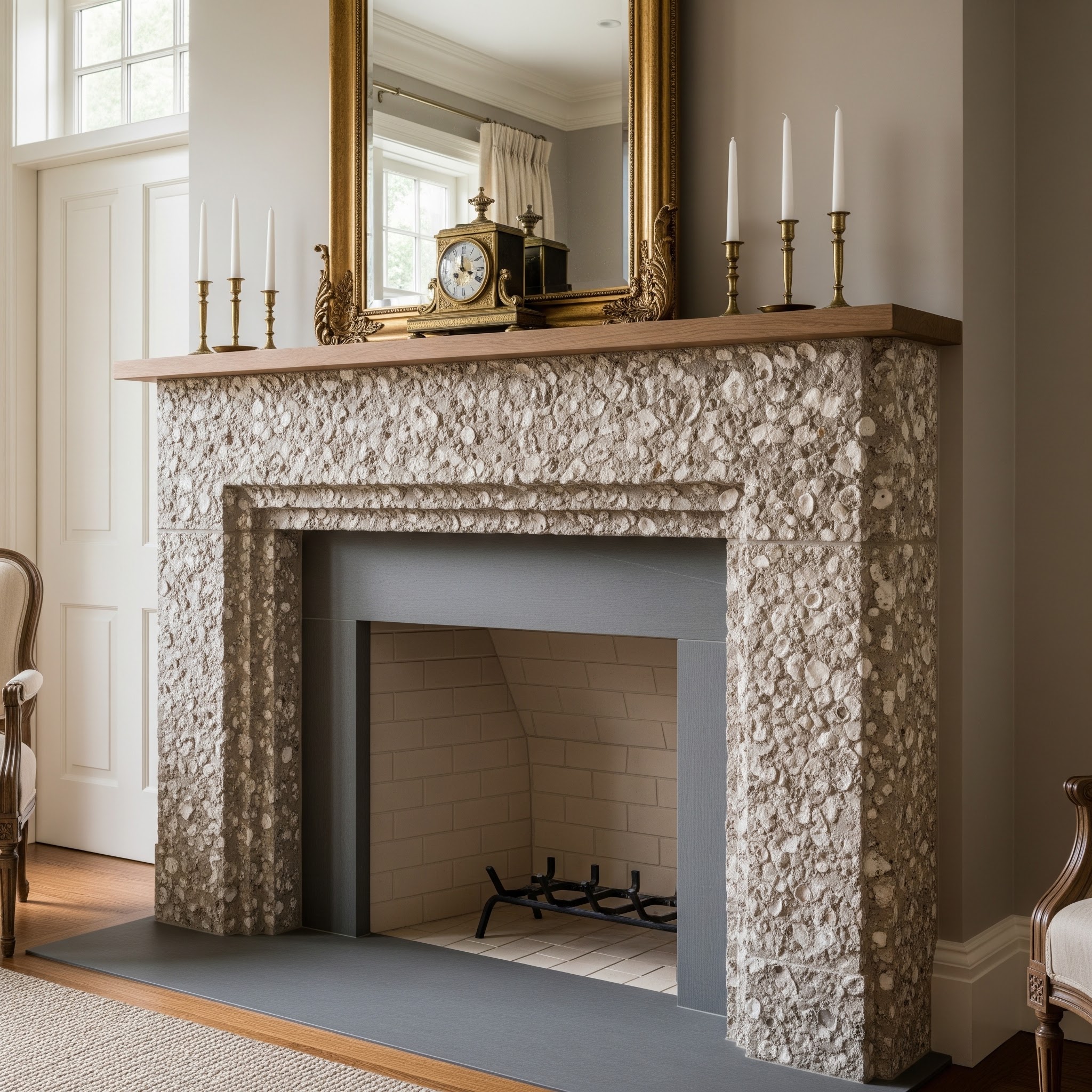 Sample image of an oyster shell tabby fireplace surround in a colonial-style, historic, southern home. 
